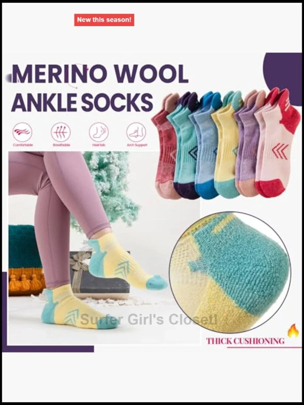 Merino Wool Ankle Hiking Running Socks for Women - 6 Pairs